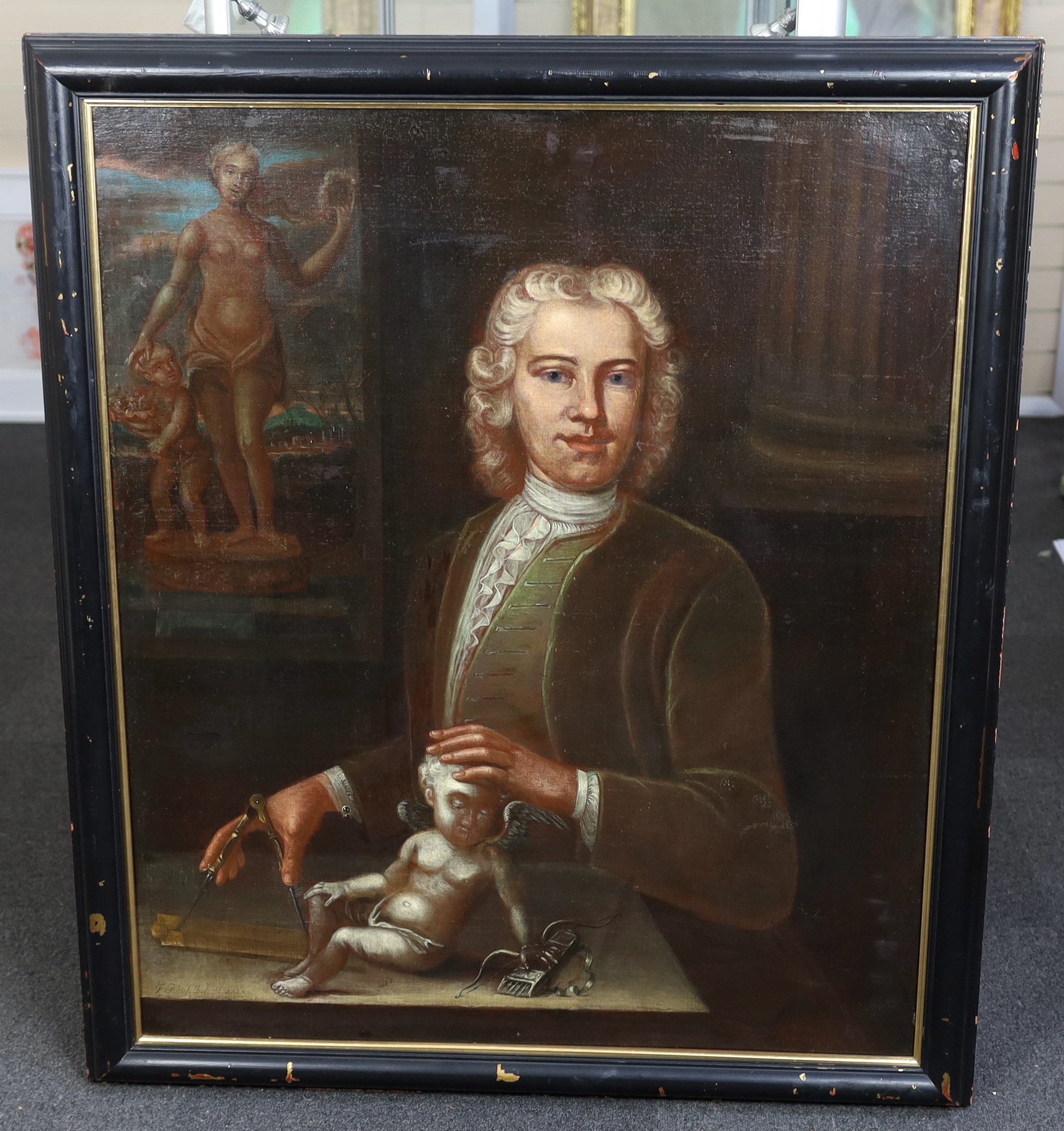 F. Heufell, Portrait of a gentleman architect or sculptor, half length holding a figure of Cupid and a set of dividers, a statue of Plenty showing beyond, oil on canvas, 96 x 92cm